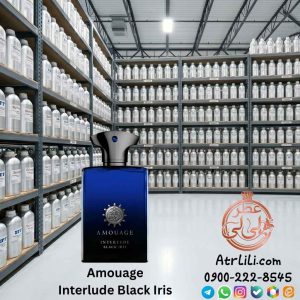 شیشه عطر اورجینال آمواج اینترلود بلک آیریس در فضایی لوکس و تاریک با دود طلایی