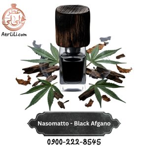 شیشه اورجینال عطر بلک افغان خوابیده روی نت‌های متراکم عود، قهوه و حشیش با پس‌زمینه سفید