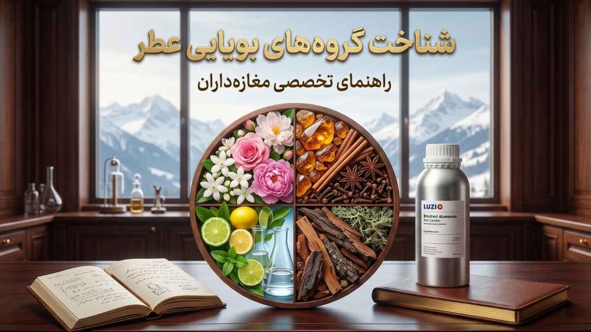 چرخه گروههای بویایی عطر شامل روایح گلی، شرقی، چوبی و مرکباتی در کارگاه فروشگاه عطر لیلی